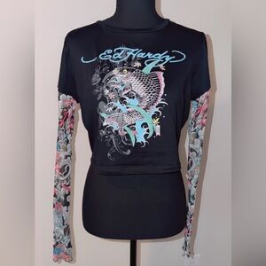 Ed Hardy Black and Multicolor Graphic Long Sleeve Top